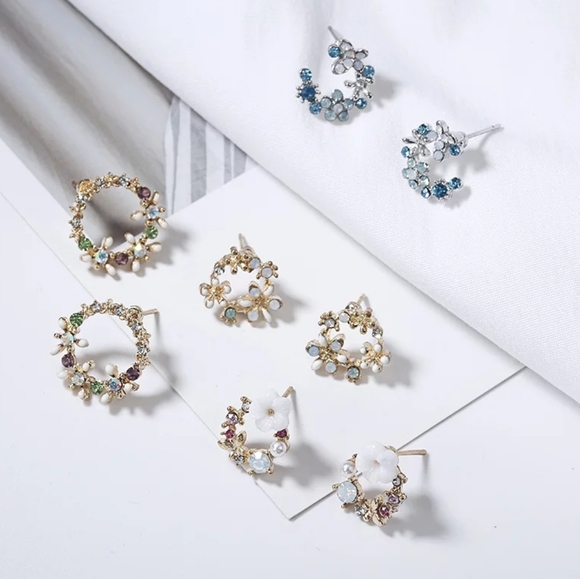 3 pair Flower Rounds Temperment Stud Earrings - Picture 2 of 8